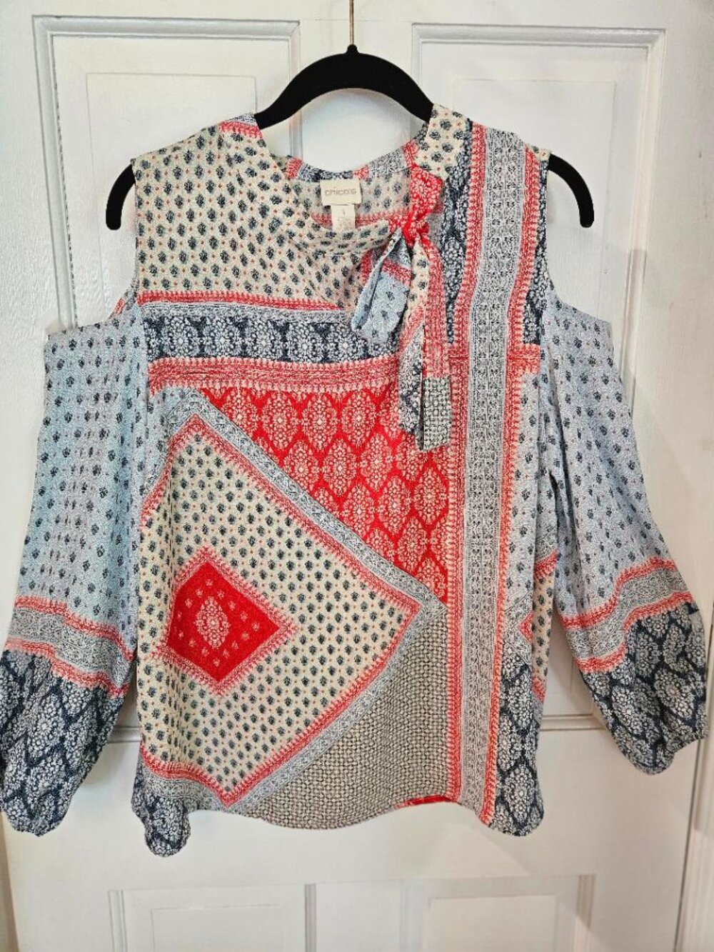 Chico's red white blue blouse patchwork pattern w cold shoulder detail S=1
